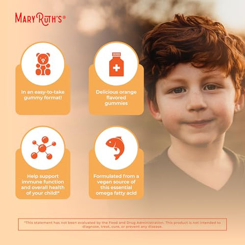 Gomas Veganas de Ômega 3 para Crianças 2, Suprimento de 2 Meses, Sem Açúcar, Suplemento de Ômega 3 com Vitamina C, Óleo de Linhaça, Suporte Imunológico, Nutriente Essencial ALA, Sem Peixe - MaryRuth Organics