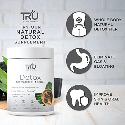 TRU Supplements - TRU Detox: Carvão Ativado, Desintoxicação Natural Completa, Elimina Inchaço, Melhora a Saúde da Pele, 60 Porções