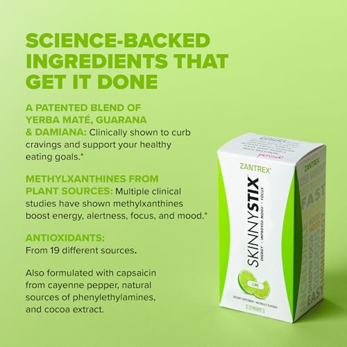 SkinnyStix – Pó Energético com Suporte GLP-1, Aumenta o Humor – 10 Calorias – Yerba Mate, Café – 15 Stix, Limão - Zantrex