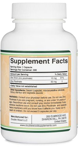 Double Wood Supplements - Zinc Picolinate 50mg, 300 Cápsulas (Suporte Imunológico) Sem GMO, Sem Glúten (Fornecimento de 300 Dias) por