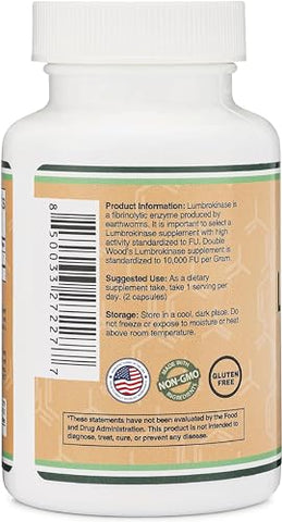 Double Wood Supplements - Lumbrokinase Enzimas – 120 Cápsulas (Atividade Máxima 10.000 FU/Grama) 150mg por Porção (Sem Preenchedores, Não-OGM, Livre de Glúten) para Saúde Cardiovascular e Circulação Sanguínea