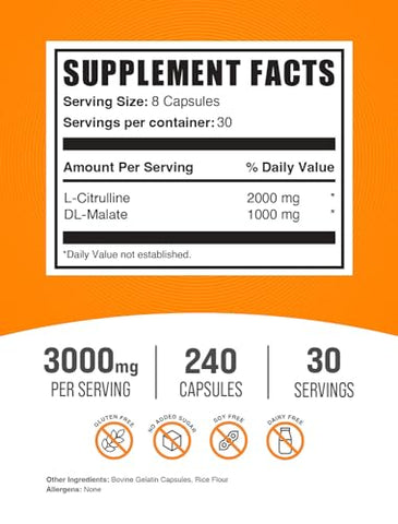 Suplemento de L-Citrulina Malato em Cápsulas BulkSupplements.com – L-Citrulina DL-Malato 2:1, Suplemento de Citrulina Malato – Livre de Glúten, 8 Cápsulas por Porção, 240 Cápsulas (Pacote de 1)