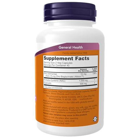 Suplementos, NAC Quercetina e Zinco, Suporte Imunológico e Respiratório*, 1.000 mg NAC, 500 mg Quercetina, 15 mg Zinco, 90 Cápsulas Vegetais - NOW Foods