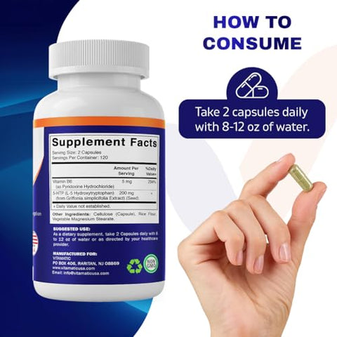 5-HTP 200mg com B6 5mg por Porção – 240 Cápsulas Vegetarianas (5-Hidroxitriptofano) – Extrato de Semente de Griffonia Simplicifolia - Vitamatic
