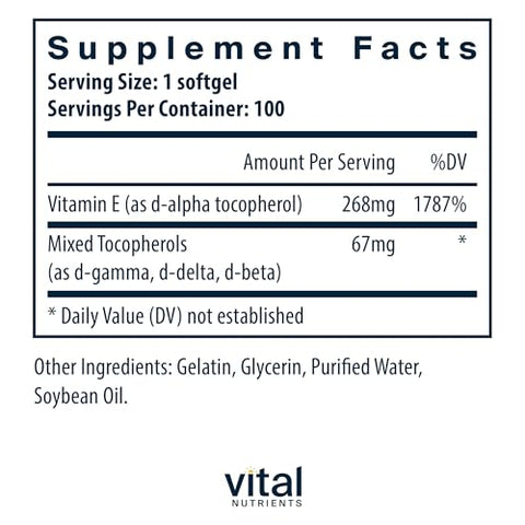 Vitamina E com Tocoferóis Mistos | Suplementos Potentes de Vitamina E Antioxidante para Apoiar a Saúde Cardiovascular* | Livre de Glúten e Lactose | Não-OGM | 100 Softgels - Vital Nutrients