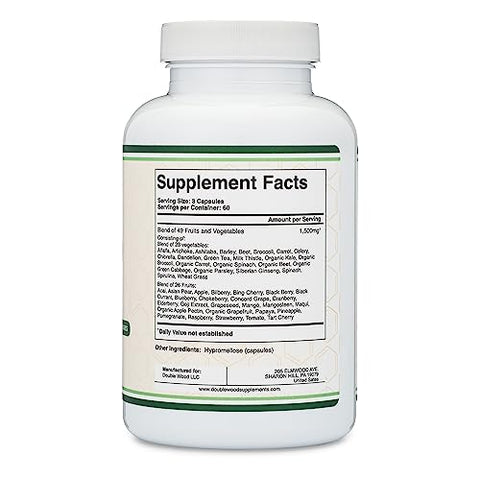 Double Wood Supplements - Suplemento de Frutas e Vegetais (Mistura Diária de 49 Frutas e Vegetais Diferentes, 23 Vegetais e 29 Frutas) 1.500mg por Porção, 180 Cápsulas (Sem Aditivos, Vegano, Não-OGM)