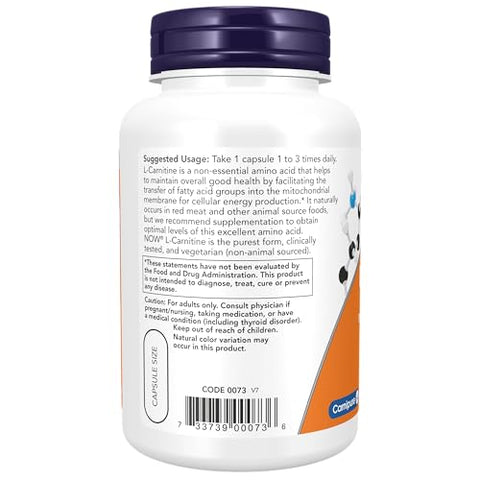 Suplementos, L-Carnitina 500mg, Forma Mais Pura, Aminoácido, Suporte para Fitness*, 180 Cápsulas Vegetais - NOW Foods