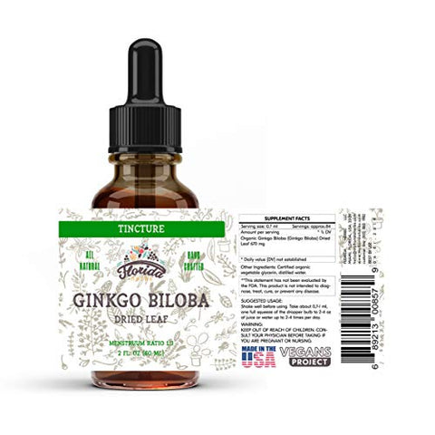 FLORIDA HERBS - Ginkgo Biloba Orgânico em Glicerina Vegetal Orgânica – Extrato de Ginkgo Biloba (Ginkgo Biloba) em Folhas Secas, Livre de Transgênicos