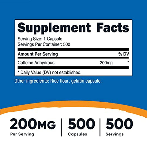 Caffeine 500 Cápsulas, 200mg por Cápsula (2 Frascos) – Energia e Foco - Nutricost