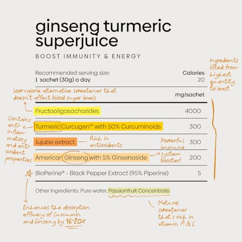 THE PUREST CO - Ginseng Turmeric SUPERJUICE X 30 SACHÊS – 1 Mês de Fornecimento | Bebida Herbal de Ginseng e Cúrcuma para Saúde