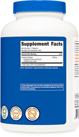 Cayenne Pepper 530mg – 240 Cápsulas | 40.000 Unidades de Calor | Sem Glúten, Não-OGM - Nutricost