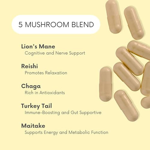 Lifted Naturals - Mood Mushrooms – Suplemento de Cogumelos Elevados – Cogumelo do Leão, Reishi, Chaga, Cauda de Peru, Maitake – Energia, Foco, Alívio do Estresse – Marca Mood Mushrooms