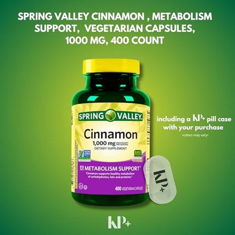 KP+ - Spring Valley Cápsulas Vegetarianas de Canela, 1000 mg, 400 Unidades, Kit de Suplementos de Canela com Estojo de Comprimidos