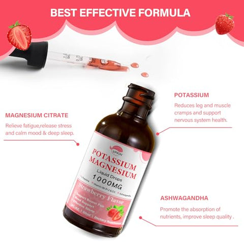 VPKIN - Suplemento de Citrato de Potássio e Magnésio, Gotas Líquidas de Magnésio com Glicinato de Magnésio 1000mg, Ashwagandha e Zinco, Suporte Calmo – Marca em Destaque