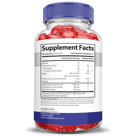 Justified Laboratories - Keto Thrive Gummies Avançado 1000MG Fórmula com Vinagre de Maçã Keto Thrive Gummies ACV Formulado com Romã e Beterraba em Pó B12 Vegano Não GMO 60 Gummys