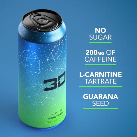 Energy Galaxy Lime | Bebida Energética Sem Açúcar | Energia Pré-Treino | 200mg Cafeína com Taurina e L-Carnitina | 473ml | Pack com 12 | Azul - 3D