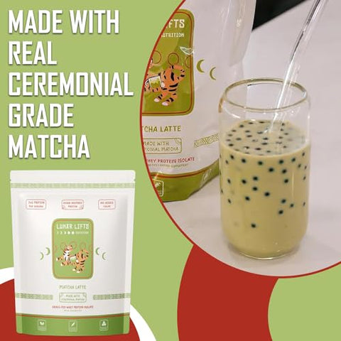 Lunar Lifts Nutrition - Matcha Latte – Pó de Proteína de Chá Matcha com Bolhas | 26g de Proteína Isolada de Soro de Leite em Pó Matcha | Pó de Chá Matcha Grau Cerimonial para Bubble Tea | Sem Açúcar Adicionado