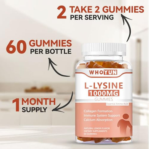 Whoyun - L-Lysine 1000mg Gummies – Suporte Imunológico e Formação de Colágeno – Sabor Limão – 60 Unidades