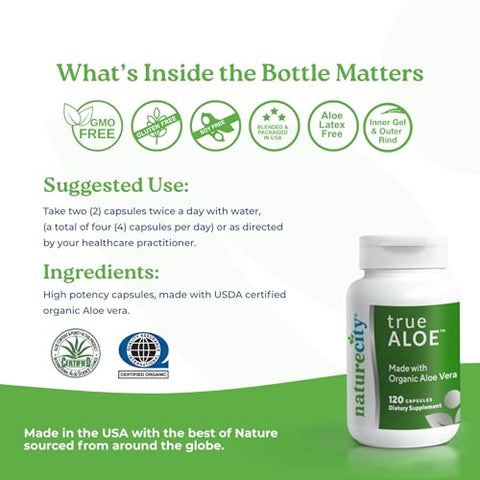 NatureCity - True-Aloe Gel de Aloe Vera Orgânico 80.000mg por Porção – 120 Cápsulas | Suporte Digestivo, da Pele e das Articulações | Cápsulas Pequenas e Fáceis de Engolir