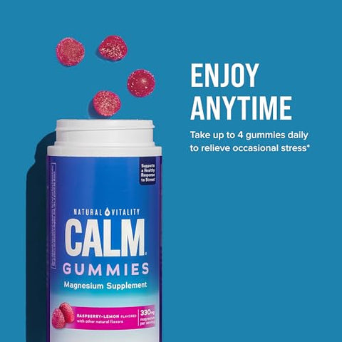 CALM – Suplemento de Citrato de Magnésio, Gomas para Alívio do Estresse, Suporte para uma Resposta Saudável ao Estresse, Sem Glúten, Vegano, Sabor Framboesa Limão, 120 Gomas - Natural Vitality