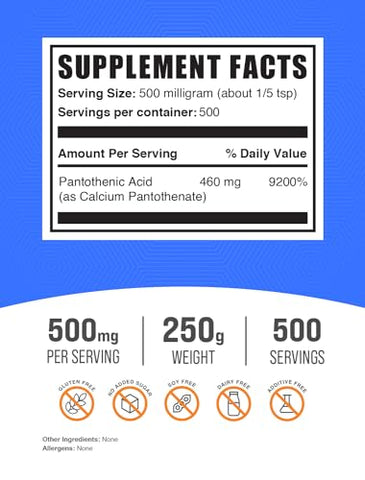 com Pó de Vitamina B5 – Cálcio Pantotenato, Vitaminas B5 – Sem Glúten, 500mg de Ácido Pantotênico por Porção, 250g (Pack de 1) - BulkSupplements