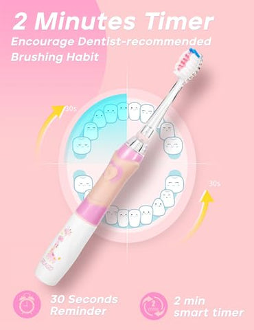 Escova de Dentes Elétrica SEAGO Kids com Temporizador de Escovação de 2 Minutos e 8 Cabeças de Escova Substituíveis, Luz LED Arco-Íris para Tornar a Escovação Divertida, Escova de Dentes Rosa a Pilha para Meninas de 4-12 Anos