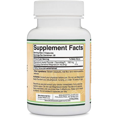 Double Wood Supplements - Magnésio Acetil-Taurato (ATA MG, TauroMag) Fórmula Inovadora e Patenteada de Magnésio para Alívio de TPM e Cãibras (60 Cápsulas, 350mg) Alívio de TPM com Suplemento de Magnésio da Double Wood