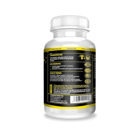 GLP-1 Mega Support – 10 Fatores Avançados de Perda de Peso e Probióticos – Ativador GLP-1 e Suporte ao Metabolismo – Não OGM – Fabricado nos EUA – 60 Cápsulas - ACTIF