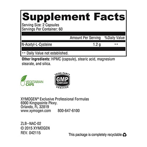NAC N-Acetyl-Cysteine 600mg – Suporte Cardiovascular, Antioxidante, Desintoxicação Hepática e Imunológica – Estimula a Síntese de Glutationa – Suplemento NAC Não-OGM (120 Cápsulas) - XYMOGEN
