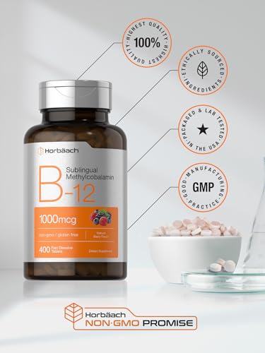 Vitamina B12 Sublingual 1000 mcg | 400 Comprimidos de Dissolução Rápida | Suplemento de Metilcobalamina para Adultos | Sabor Natural de Frutas Vermelhas | Vegano, Vegetariano, Não-OGM e Sem Glúten - Horbäach