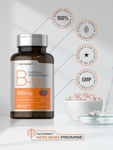 Vitamina B12 Sublingual 1000 mcg | 400 Comprimidos de Dissolução Rápida | Suplemento de Metilcobalamina para Adultos | Sabor Natural de Frutas Vermelhas | Vegano, Vegetariano, Não-OGM e Sem Glúten - Horbäach