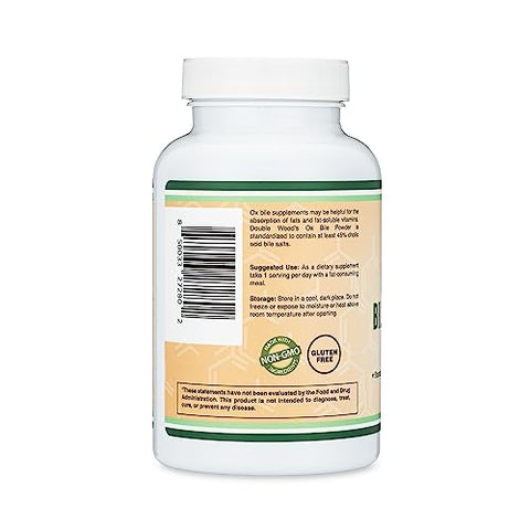 Double Wood Supplements - Suplemento de Bile de Boi para Ausência de Vesícula Biliar (1.000mg por Porção, 500mg por Cápsula, 120 Cápsulas) Padronizado para 45% de Ácido Cólico e Sais Biliares para Combater Deficiências de Sais Biliares
