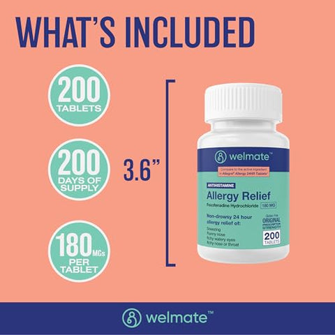 Alívio de Alergia | Fexofenadina HCl 180 mg | Antialérgico Não Sonolento | 200 Comprimidos – Marca WELMATE - WELMATE