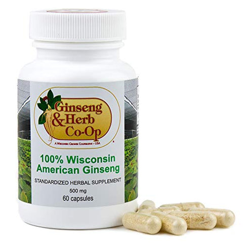 GINSENG & HERB CO-OP A WISCONSIN GROWER COOPERATIVE - USA - Cápsulas de Ginseng Americano Puro de Wisconsin – 500mg. Autêntico Panax Quinquefolius. Raiz de Ginseng Moída Potente – Sem Preenchedores, Ligantes ou Outros Aditivos