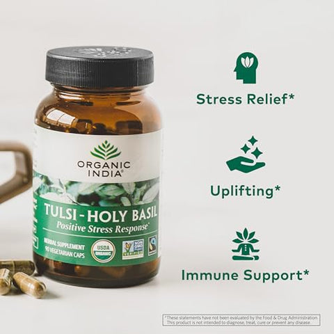 ORGANIC INDIA - Cápsulas de Tulsi Holy Basil da Organic India – Extrato de Holy Basil – Suplemento de Folha de Holy Basil, Suporte Imunológico, Alívio do Estresse, Vegano, Sem Glúten, Kosher, Orgânico