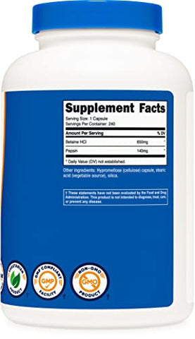 Betaine HCl Pepsin 790mg – 240 Cápsulas | Livre de Glúten  Nutricost - Nutricost