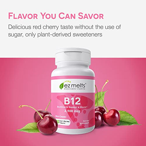 B12 Vitamina Sublingual 2.500 mcg, Metilcobalamina, Sem Açúcar, Suprimento de 3 Meses - EZ Melts
