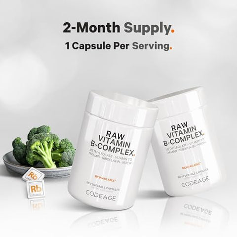 Raw Vitamin B-Complex – Vitaminas B Essenciais com Probióticos, Enzimas Digestivas e Frutas | 60 Cápsulas - Codeage