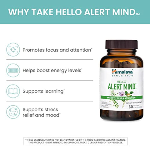 Hello Alert Mind com Ashwagandha, Bacopa, L-Theanine, Vitamina B6 – Fórmula Energizante para Mente – 60 cápsulas - Himalaya