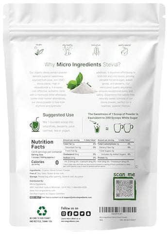 Micro Ingredients - Stevia Orgânica Pura em Pó, 227g, 1418 Porções, Extrato de Folha de Stevia Verde de Alta Qualidade Reb-A, Sabor Amargo Reduzido, Adoçante Natural, Alternativa ao Açúcar, Keto