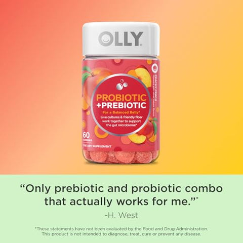 Gummy Probiótico Prebiótico, Suporte Digestivo e Saúde Intestinal, 500 Milhões de UFCs, Fibra, Suplemento Mastigável para Adultos, Pêssego, 60 Dias de Fornecimento – 60 Unidades - OLLY