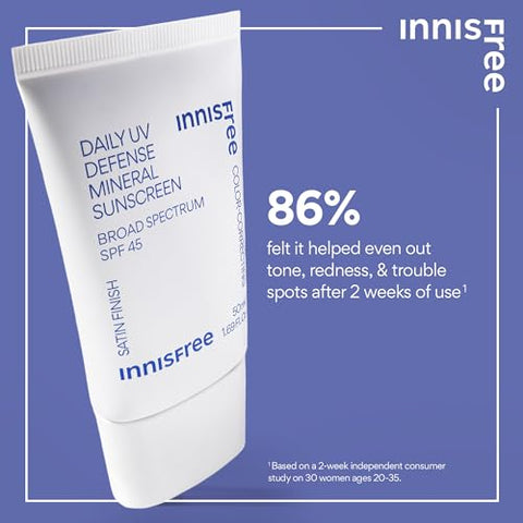 Protetor Solar Mineral innisfree Daily UV Defense SPF 45 com Ácido Hialurônico – Tonalidade Verde Corretora