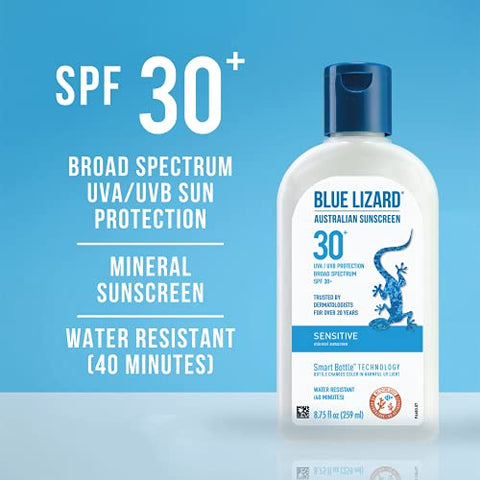 BLUE LIZARD - Protetor Solar Mineral Blue Lizard SENSITIVE com Óxido de Zinco, FPS 30, Resistente à Água, Proteção UVA/UVB com Tecnologia de Frasco Inteligente – Sem Fragrância, 250 ml