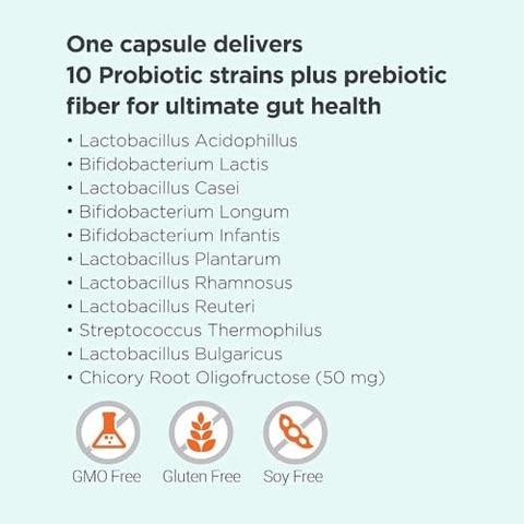 Vegan Probiótico Prebiótico, 50 Bilhões UFC, 10 Cepas Estudadas Clinicamente, Sem Laticínios, Não-OGM, Blister com 90 Cápsulas Vegetais - Omax3