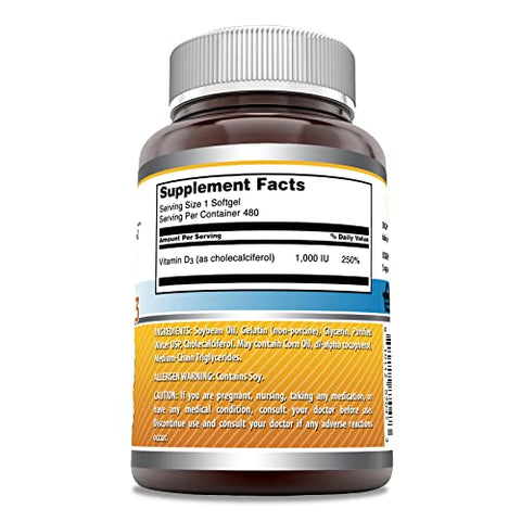 Amazing Nutrition - Amazing Formulas Vitamina D3 (Colecalciferol) | 1000 UI | 480 Softgels | Não-OGM | Sem Glúten | Fabricado nos EUA