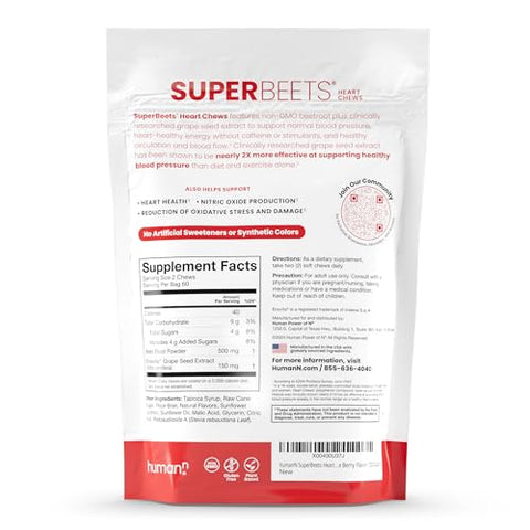SuperBeets Heart Chews – Suporte para Pressão Arterial e Óxido Nítrico, Extrato de Semente de Uva – 60 g - humanN