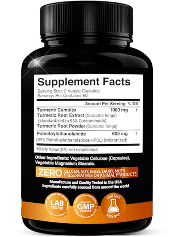 X Gold Health - Palmitoiletanolamida 600mg Complexo de Cúrcuma Curcumina 1000mg: PEA Micronizado 99% Altamente Purificado e Bioacessível – Fabricado nos EUA – Suplemento para Homens e Mulheres – 120 Cápsulas Vegetarianas