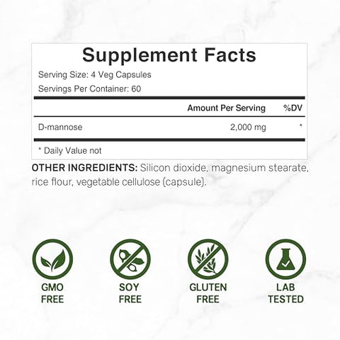 Cápsulas Vegetais de D-Manose, 2.000mg por Porção, 240 Comprimidos – Fórmula de Ação Rápida Solúvel em Água – Suporte Extra Forte para a Saúde do Trato Urinário (ITU) – Não-OGM, Vegano - DEAL SUPPLEMENT