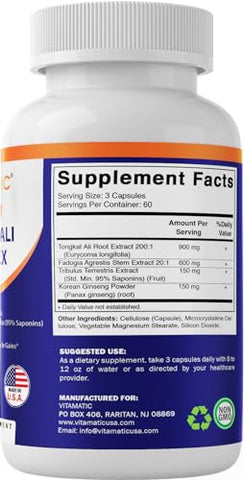 Extrato de Tongkat Ali 200:1 para Homens (Longjack) Eurycoma Longifolia – 1800 mg Por Porção – Feito com Extrato de Fadogia Agrestis 20:1, Tribulus 95% - Vitamatic
