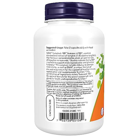 Supplements TestoJack™ 100 com LJ100® – Extrato Padronizado Potente de Tongkat Ali, Tribulus e ZMA® – 120 Cápsulas Vegetais - NOW Foods